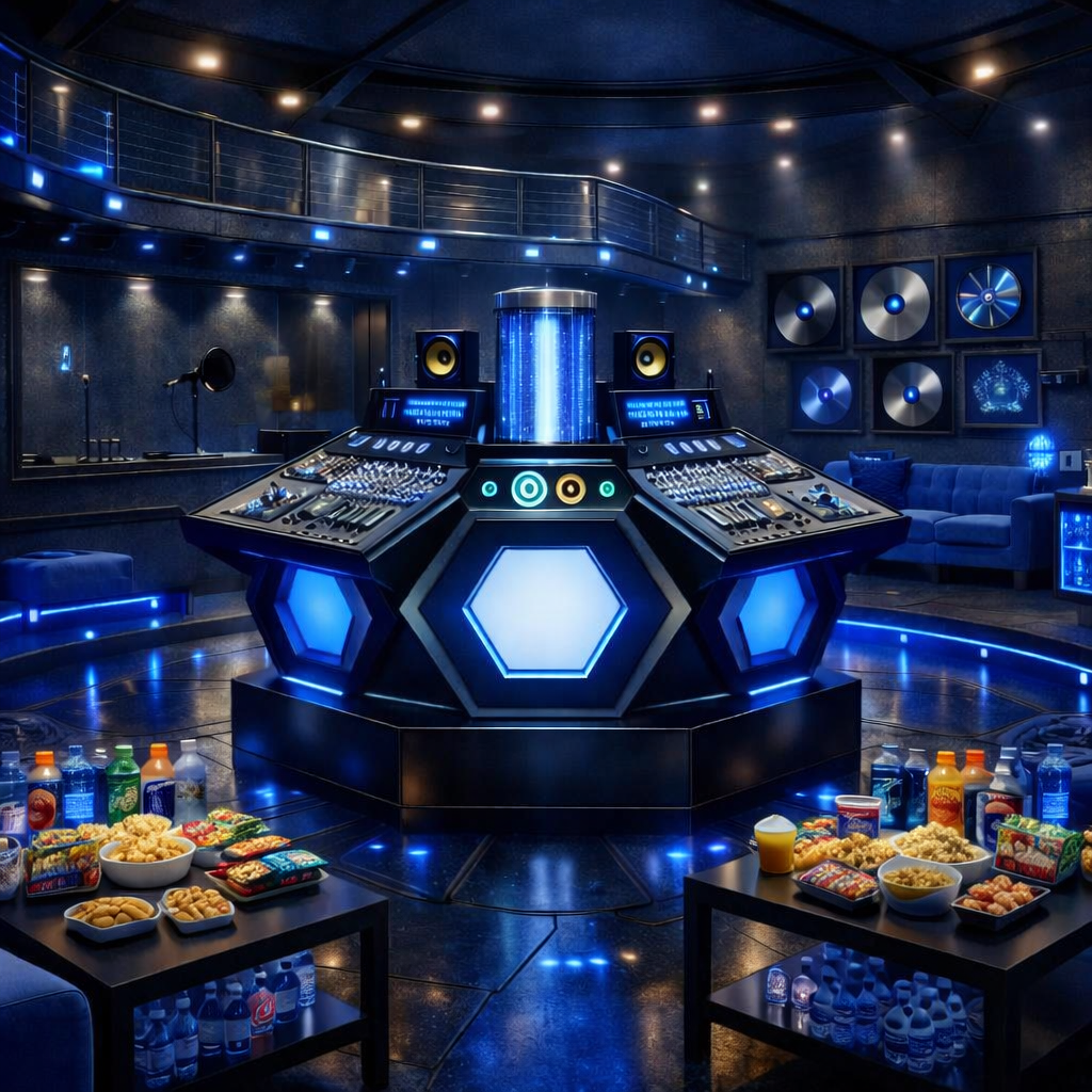 J adorava l'interno del suo TARDIS: uno studio musicale futuristico, immerso in una luce blu intensa che filtrava da ogni superficie