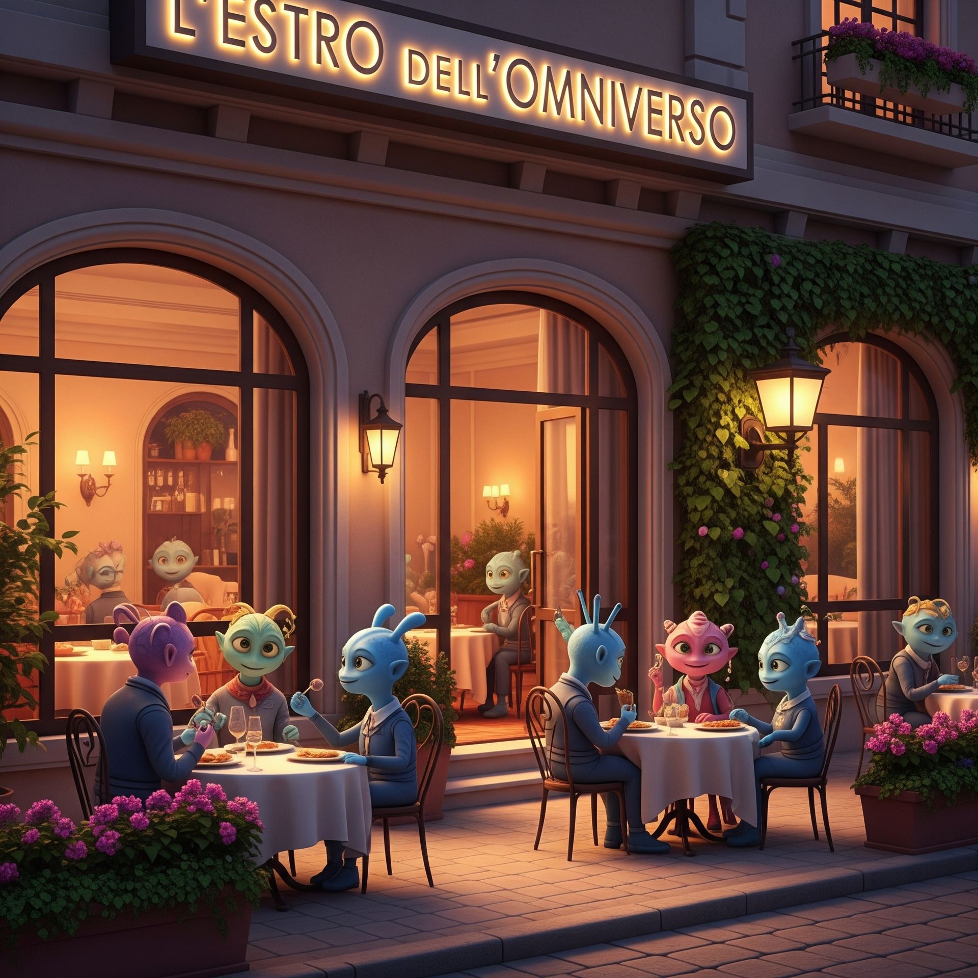 Alle sue spalle, come apparso dal nulla, si ergeva un imponente ristorante dallo stile elegante e vagamente retrò, illuminato da luci calde e soffuse che fuoriuscivano dalle grandi vetrate ad arco
