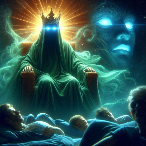 Davanti a lui, su un immenso seggio, troneggiava un essere completamente rivestito da un telo verde, fatta eccezione per il volto, dove si potevano vedere due occhi luminosi e potenti che lo scrutavano