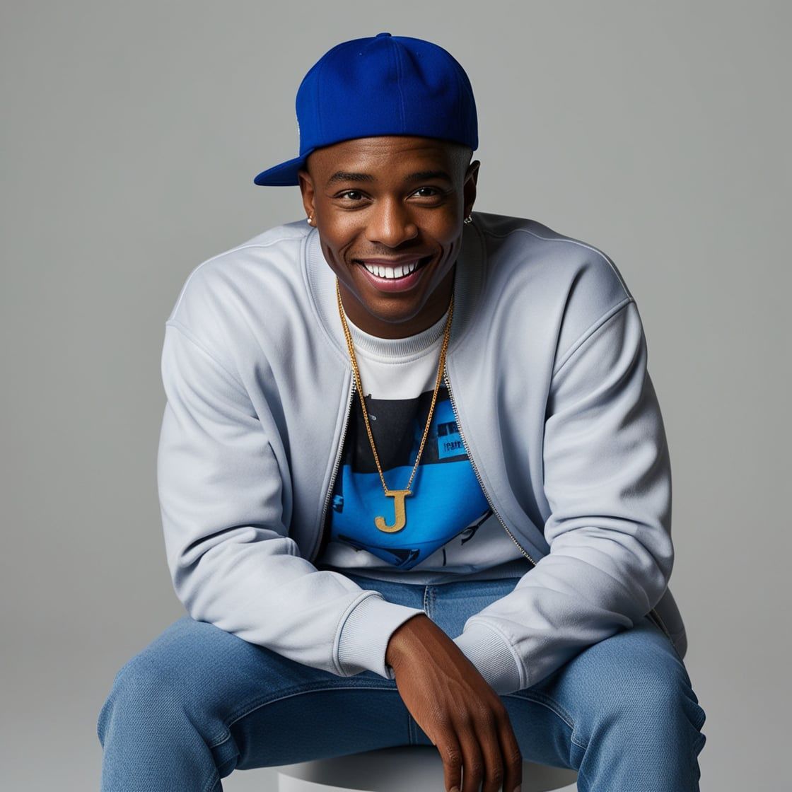 Sembrava uscito da una rivista Hip-Hop: cappellino blu girato di lato, giacca grigia chiara, maglietta grafica bianca e blu