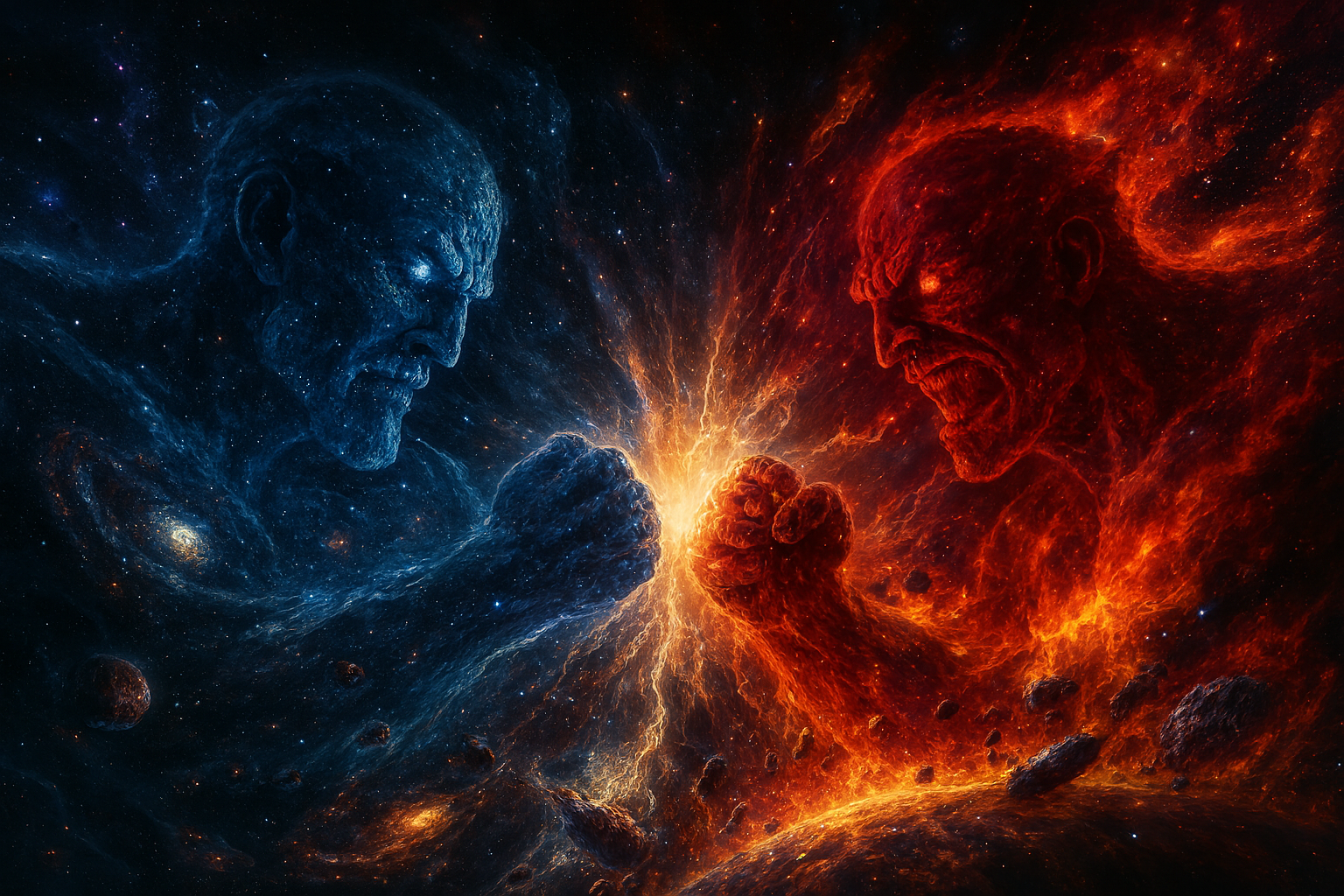 Due entità celestiali, composte da interi universi, si scontravano fra loro, mentre intere realtà venivano spazzate via come nulla fosse