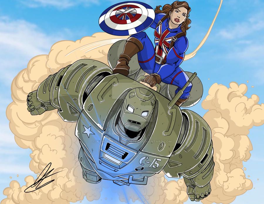 Captain Carter, la bellissima eroina della seconda guerra mondiale, con lo scudo di vibranio e la divisa con i colori del Regno Unito, lanciava il suo scudo contro svariati nemici che caddero sotto i suoi colpi