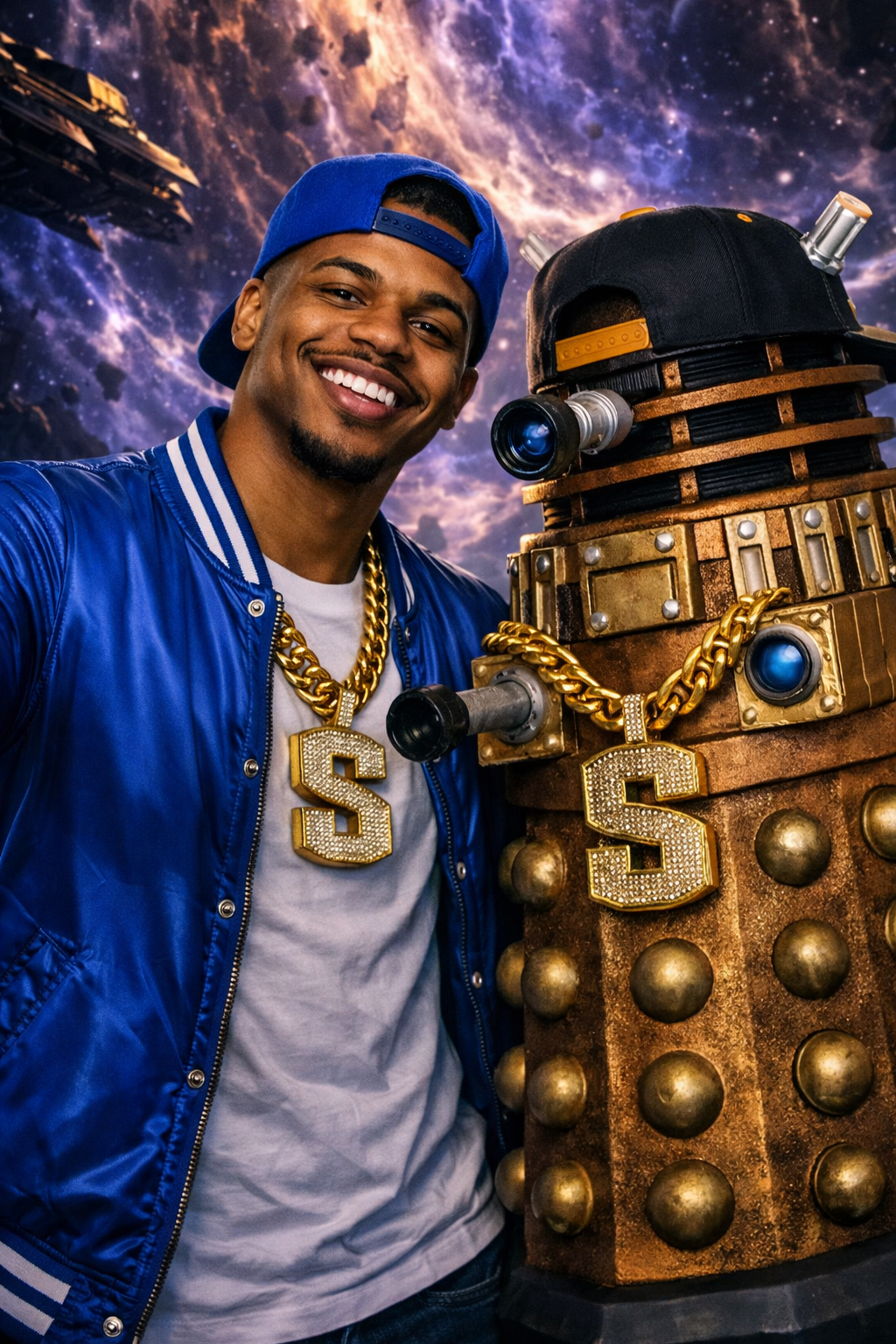 << Perché hai fatto una foto con un Dalek? E perché il Dalek ha uno stile così cool? >> chiese riferendosi al cappellino e alla collana con una grossa S attorno