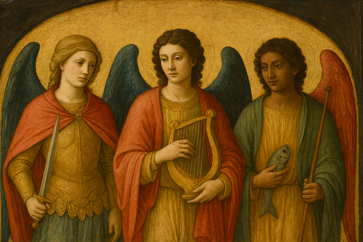 Michele era forte, biondo, con uno sguardo gentile e un'armatura dorata da guerriero, avvolto in un mantello rosso