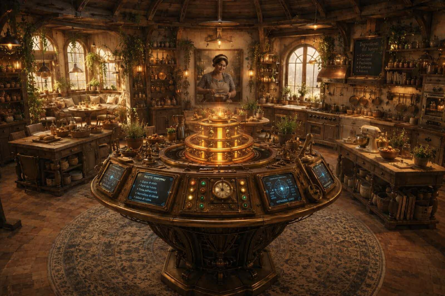 La stanza oltre la porta appariva come una cucina‑laboratorio steampunk, immersa in una luce calda che rendeva ogni superficie più morbida