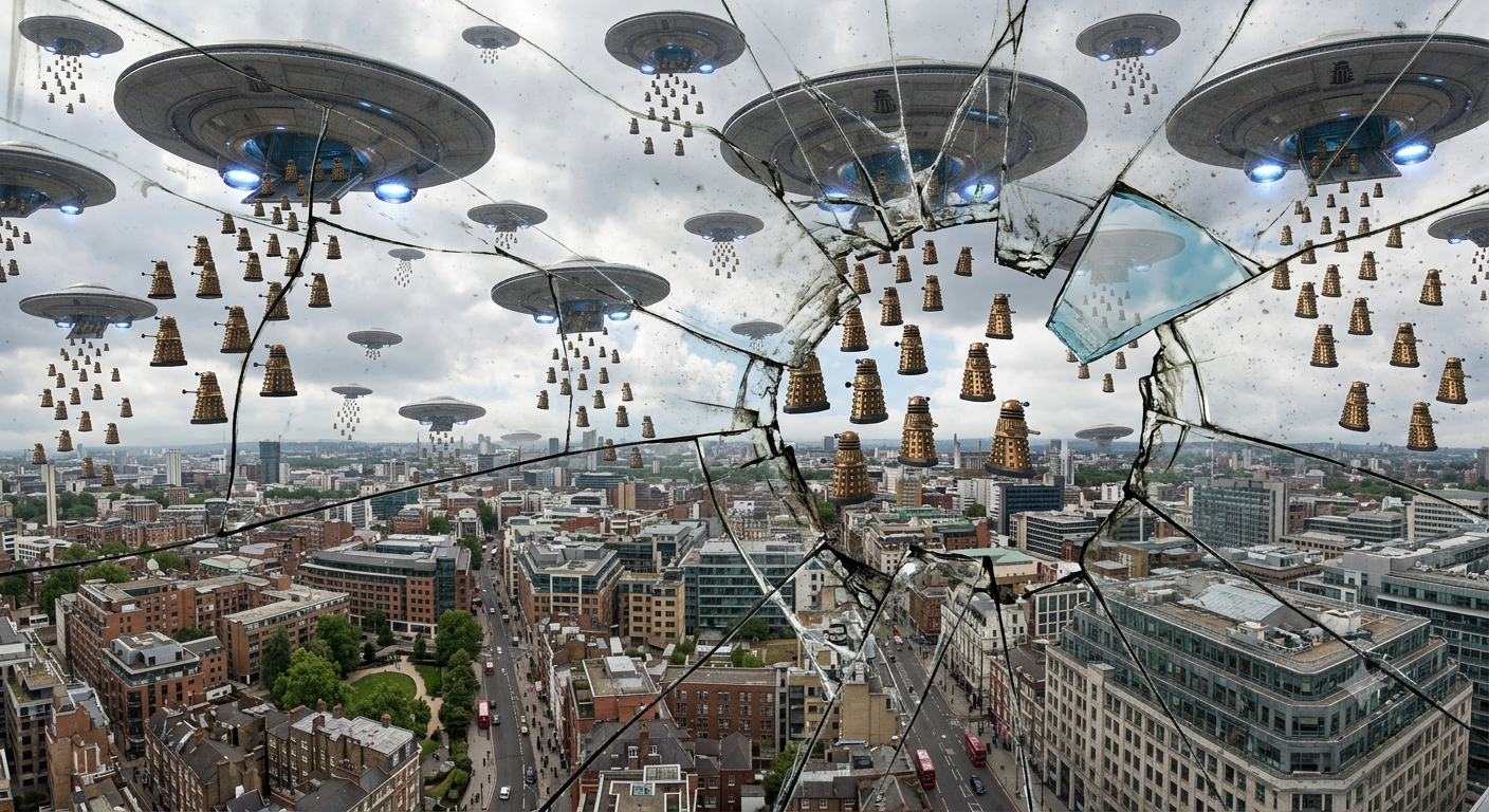 Dalle finestre poté notare che, come uno sciame di calabroni, diversi esseri simili a saliere futuristiche sciamarono fuori dagli UFO, per poi imboccare una delle vie di Londra
