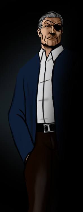 Indossava un lungo cappotto blu, una camicia bianca e una benda sull'occhio sinistro