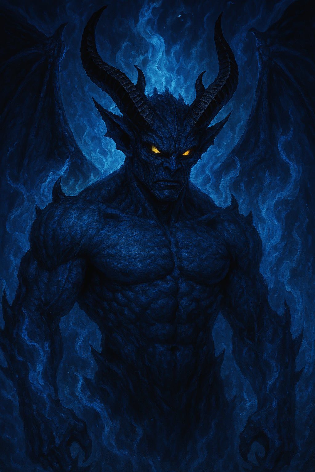 Quando il fuoco si dissipò, al suo posto emerse qualcosa che poteva essere definito solo come un demone blu: potente, muscoloso e grottesco, con due occhi che sembravano fari gialli