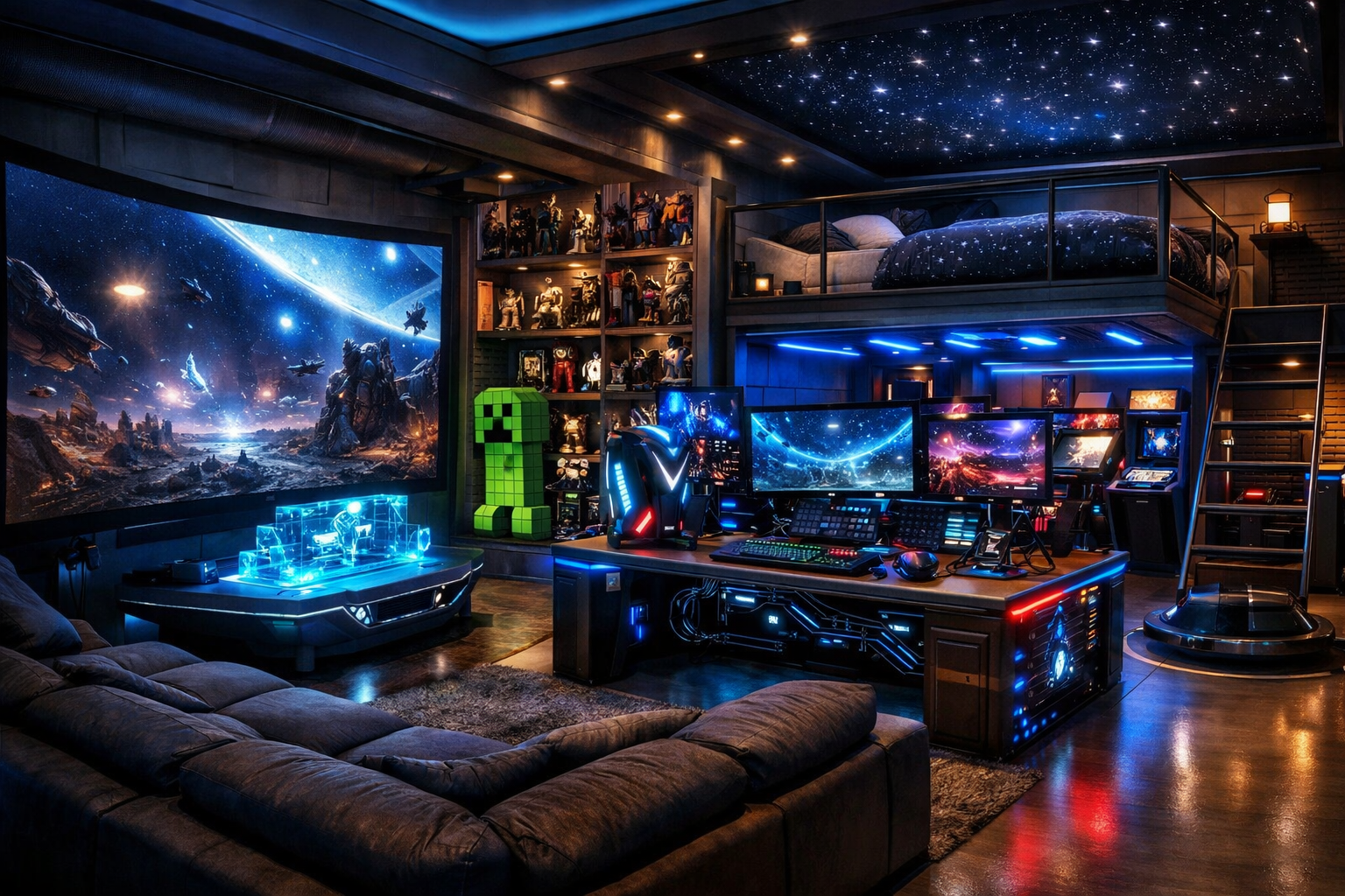 La prima area era un salottino da gaming: un enorme divano a forma di L, morbido e scuro, rivolto verso un maxischermo curvo che occupava quasi tutta la parete