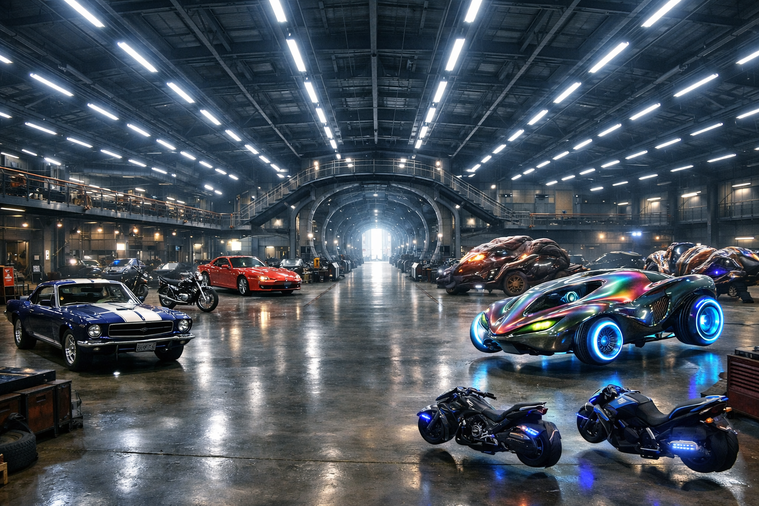 Si trovavano in un enorme hangar‑garage, grande come un campo da calcio, illuminato da luci bianche e fredde che correvano lungo il soffitto metallico